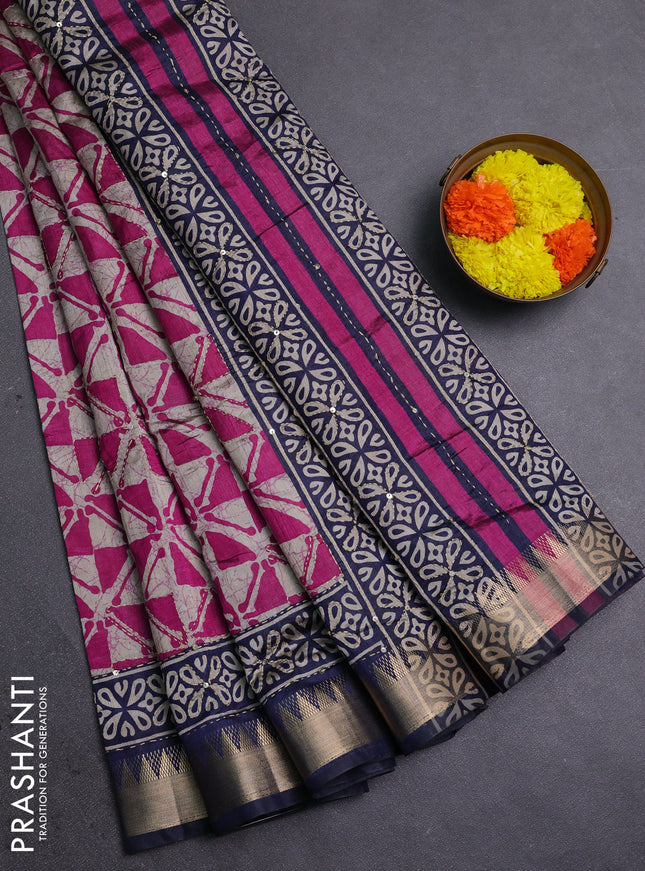 Magenta Pink & Navy Blue Semi Tussar Saree - Kantha Work