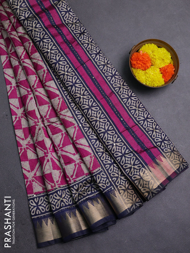 Magenta Pink & Navy Blue Semi Tussar Saree - Kantha Work