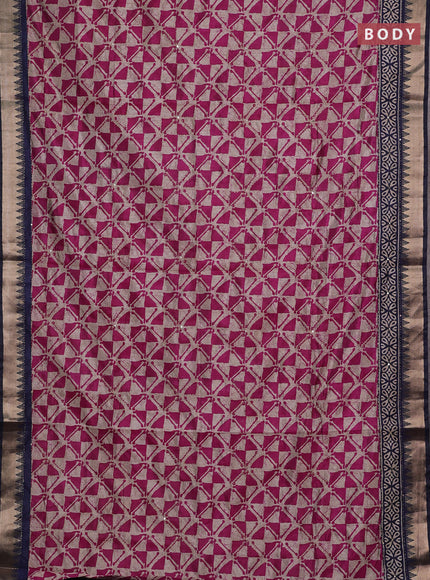 Magenta Pink & Navy Blue Semi Tussar Saree - Kantha Work