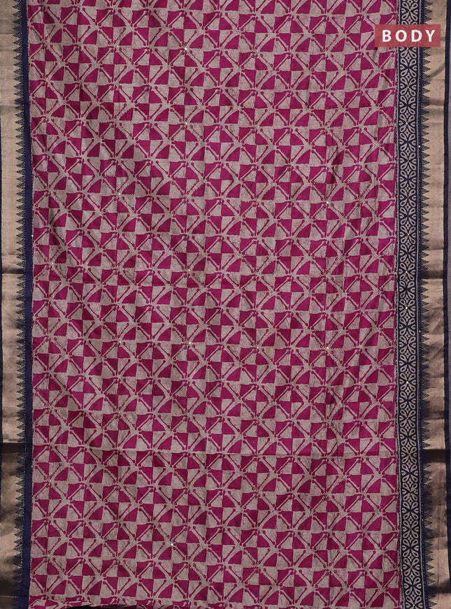 Magenta Pink & Navy Blue Semi Tussar Saree - Kantha Work