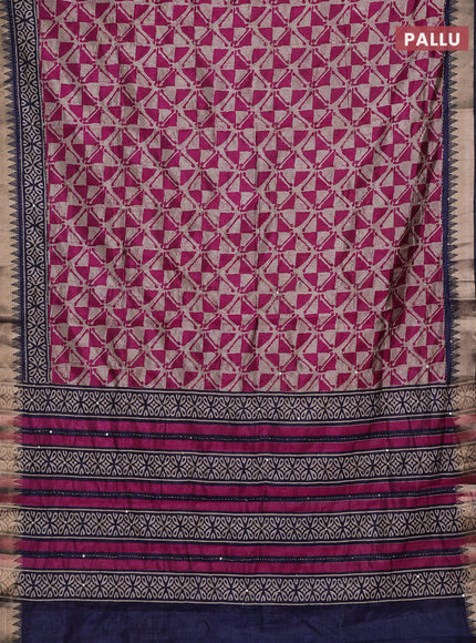 Magenta Pink & Navy Blue Semi Tussar Saree - Kantha Work