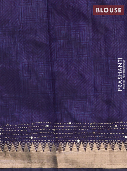 Magenta Pink & Navy Blue Semi Tussar Saree - Kantha Work