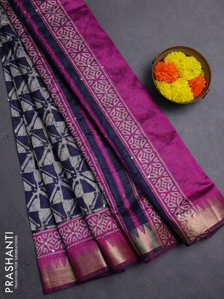 Navy Blue & Magenta Pink Semi Tussar Saree - Kantha Work