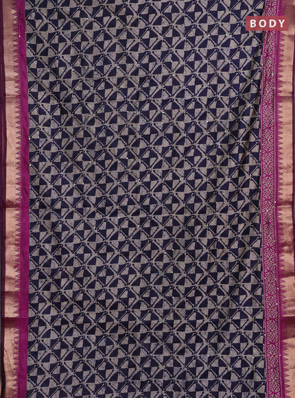 Navy Blue & Magenta Pink Semi Tussar Saree - Kantha Work