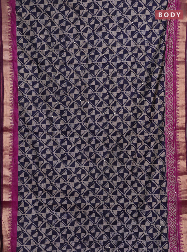 Navy Blue & Magenta Pink Semi Tussar Saree - Kantha Work