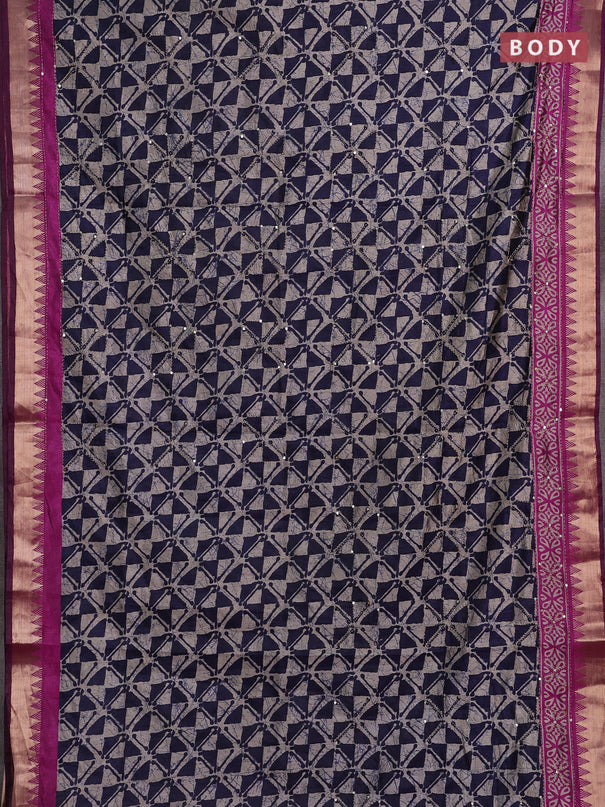 Navy Blue & Magenta Pink Semi Tussar Saree - Kantha Work