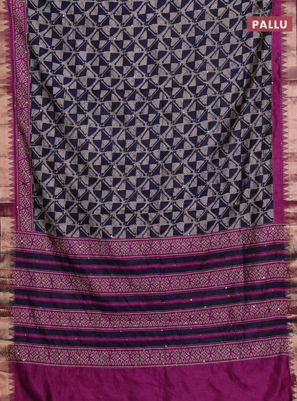 Navy Blue & Magenta Pink Semi Tussar Saree - Kantha Work