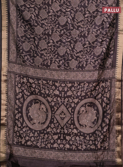 Grey Semi Tussar Saree - Kantha Work