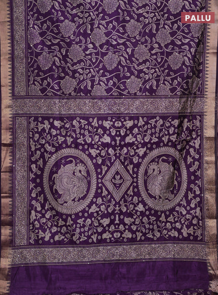 Purple Semi Tussar Saree - Kantha Work