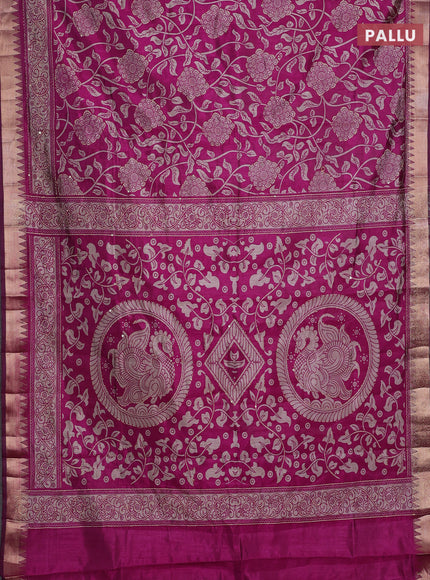 Magenta Pink Semi Tussar Saree - Kantha Work