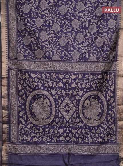 Grey Semi Tussar Saree - Kantha Work