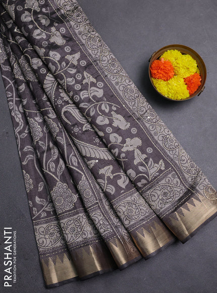 Grey Semi Tussar Saree - Kantha Work
