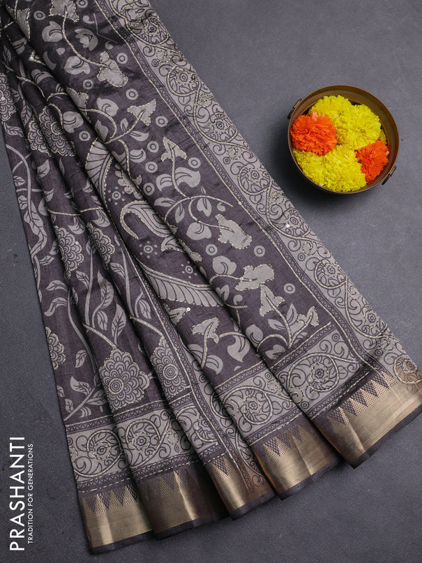 Grey Semi Tussar Saree - Kantha Work
