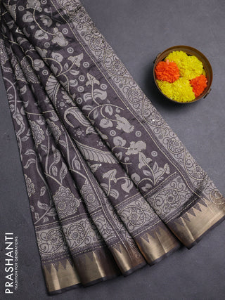 Grey Semi Tussar Saree - Kantha Work
