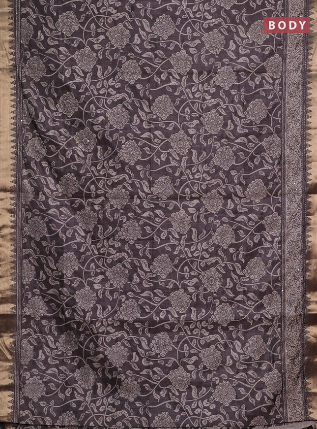 Grey Semi Tussar Saree - Kantha Work
