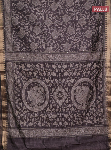 Grey Semi Tussar Saree - Kantha Work