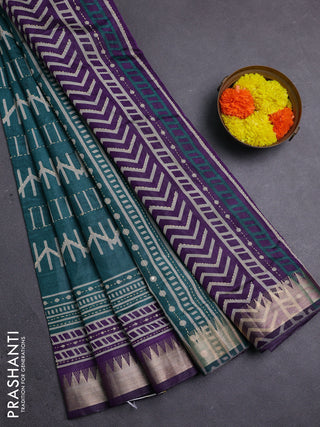 Green & Purple Semi Tussar Saree - Kantha Work