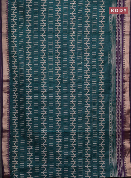 Green & Purple Semi Tussar Saree - Kantha Work