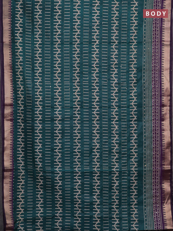 Green & Purple Semi Tussar Saree - Kantha Work