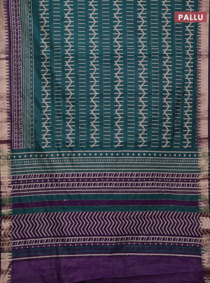 Green & Purple Semi Tussar Saree - Kantha Work