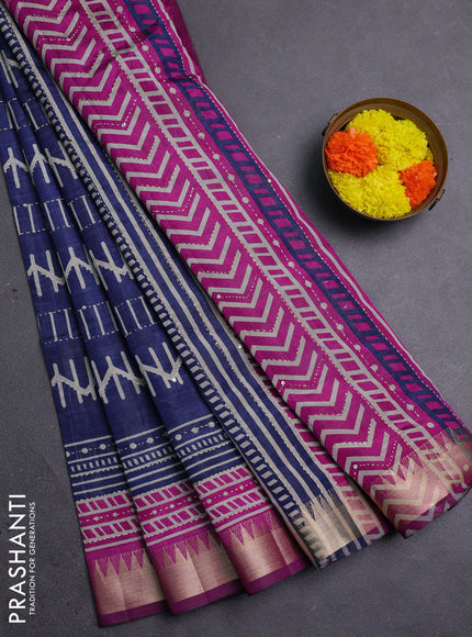 Navy Blue & Magenta Pink Semi Tussar Saree - Kantha Work