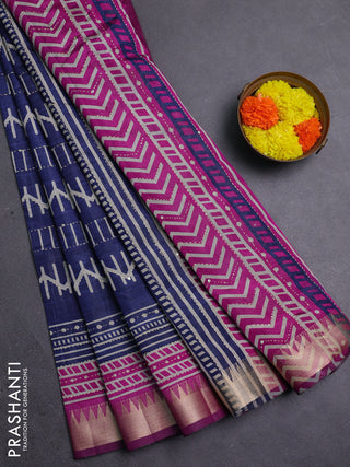 Navy Blue & Magenta Pink Semi Tussar Saree - Kantha Work