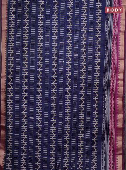 Navy Blue & Magenta Pink Semi Tussar Saree - Kantha Work