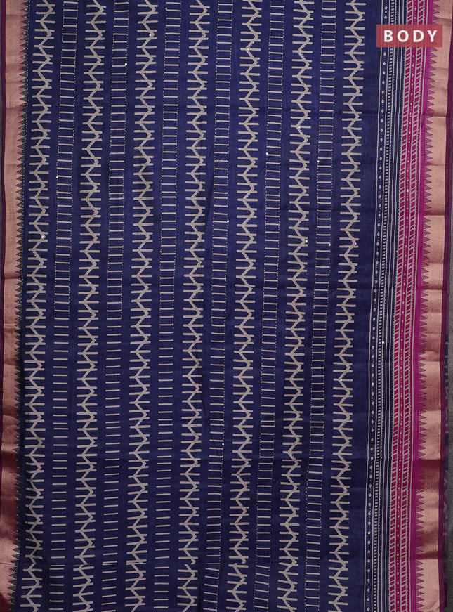 Navy Blue & Magenta Pink Semi Tussar Saree - Kantha Work