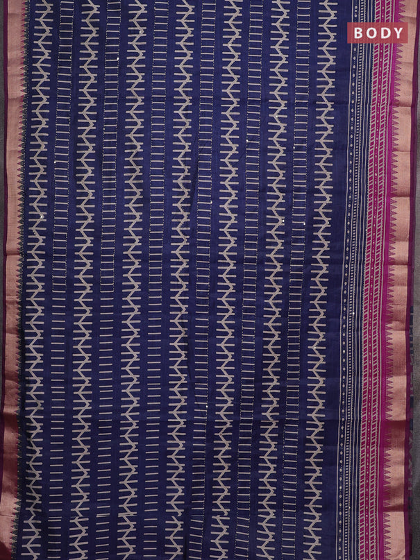 Navy Blue & Magenta Pink Semi Tussar Saree - Kantha Work