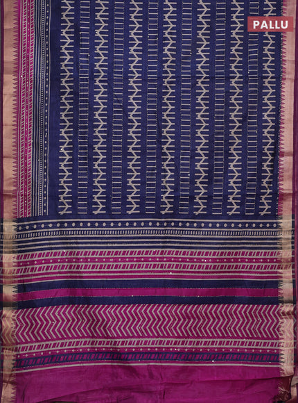 Navy Blue & Magenta Pink Semi Tussar Saree - Kantha Work