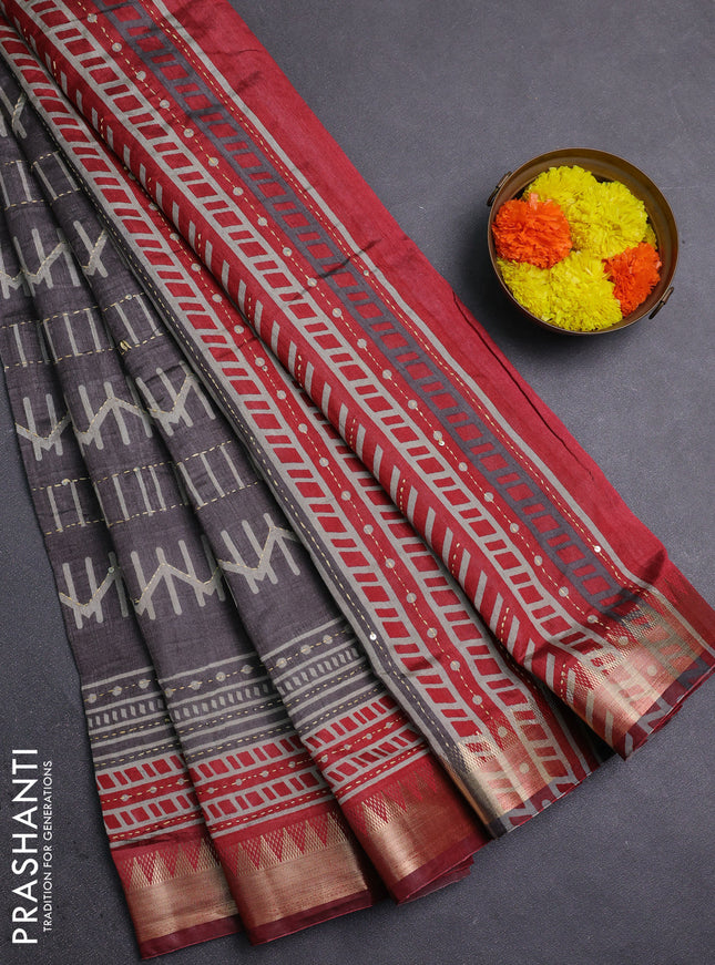 Grey & Red Semi Tussar Saree - Kantha Work