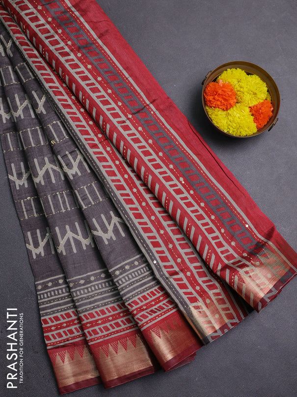 Grey & Red Semi Tussar Saree - Kantha Work