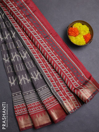 Grey & Red Semi Tussar Saree - Kantha Work
