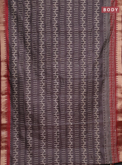 Grey & Red Semi Tussar Saree - Kantha Work