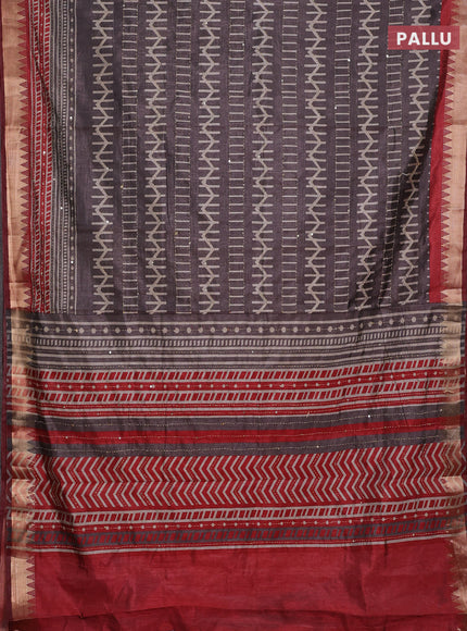 Grey & Red Semi Tussar Saree - Kantha Work
