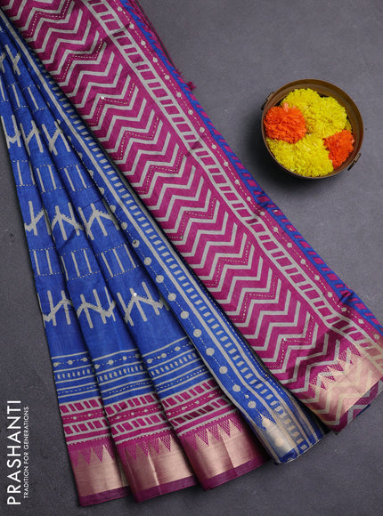 Blue & Magenta Pink Semi Tussar Saree - Kantha Work