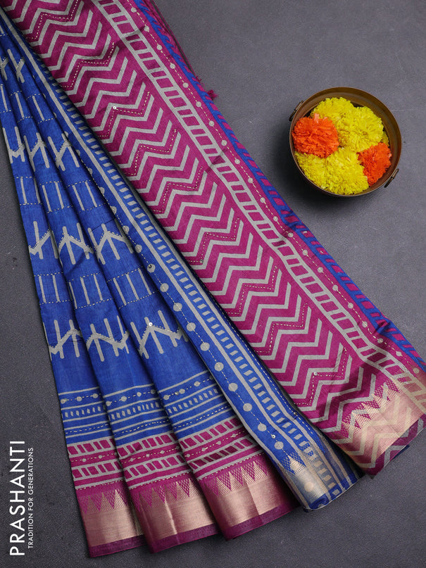 Blue & Magenta Pink Semi Tussar Saree - Kantha Work
