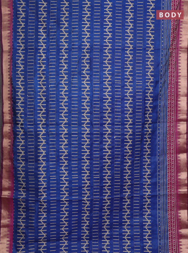 Blue & Magenta Pink Semi Tussar Saree - Kantha Work
