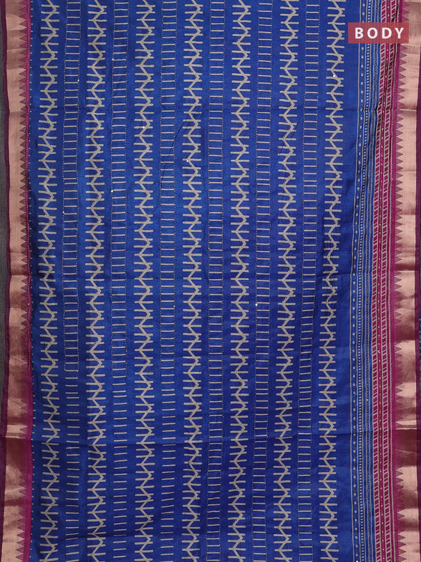 Blue & Magenta Pink Semi Tussar Saree - Kantha Work