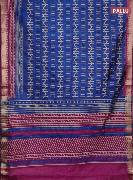 Blue & Magenta Pink Semi Tussar Saree - Kantha Work
