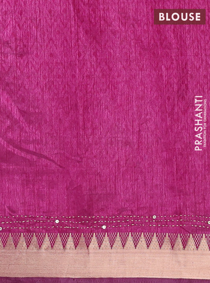 Blue & Magenta Pink Semi Tussar Saree - Kantha Work