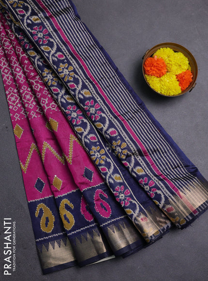 Magenta Pink & Navy Blue Semi Tussar Saree - Kantha Work