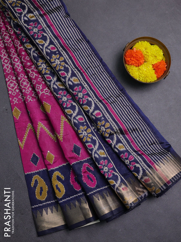 Magenta Pink & Navy Blue Semi Tussar Saree - Kantha Work