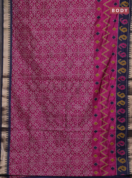 Magenta Pink & Navy Blue Semi Tussar Saree - Kantha Work