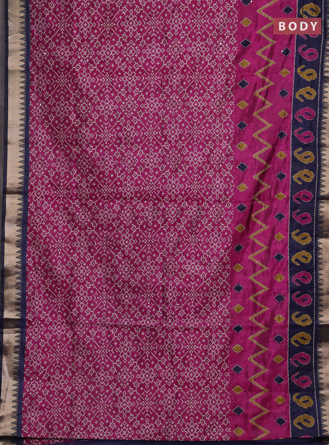 Magenta Pink & Navy Blue Semi Tussar Saree - Kantha Work