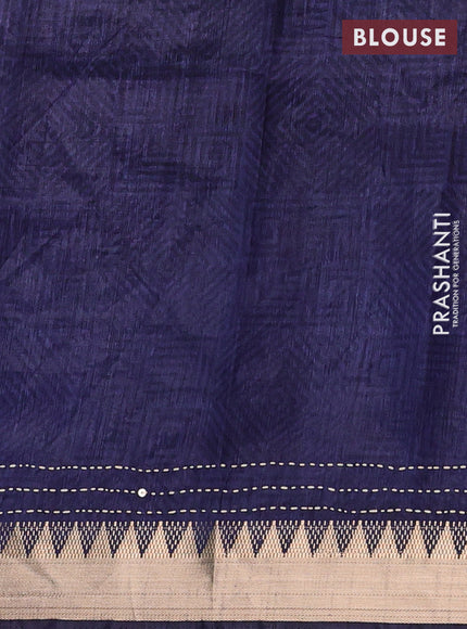 Magenta Pink & Navy Blue Semi Tussar Saree - Kantha Work