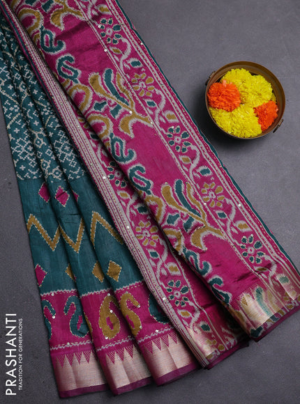 Green & Magenta Pink Semi Tussar Saree - Kantha Work