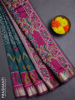 Green & Magenta Pink Semi Tussar Saree - Kantha Work