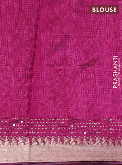 Green & Magenta Pink Semi Tussar Saree - Kantha Work