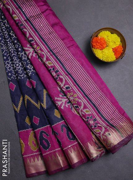 Navy Blue & Magenta Pink Semi Tussar Saree - Kantha Work